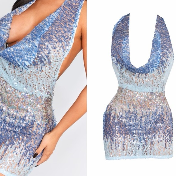 NWT PrettyLittleThing Petite Blue Ombre Sequin Cowl Neck Halter Mini Dress - Picture 2 of 6